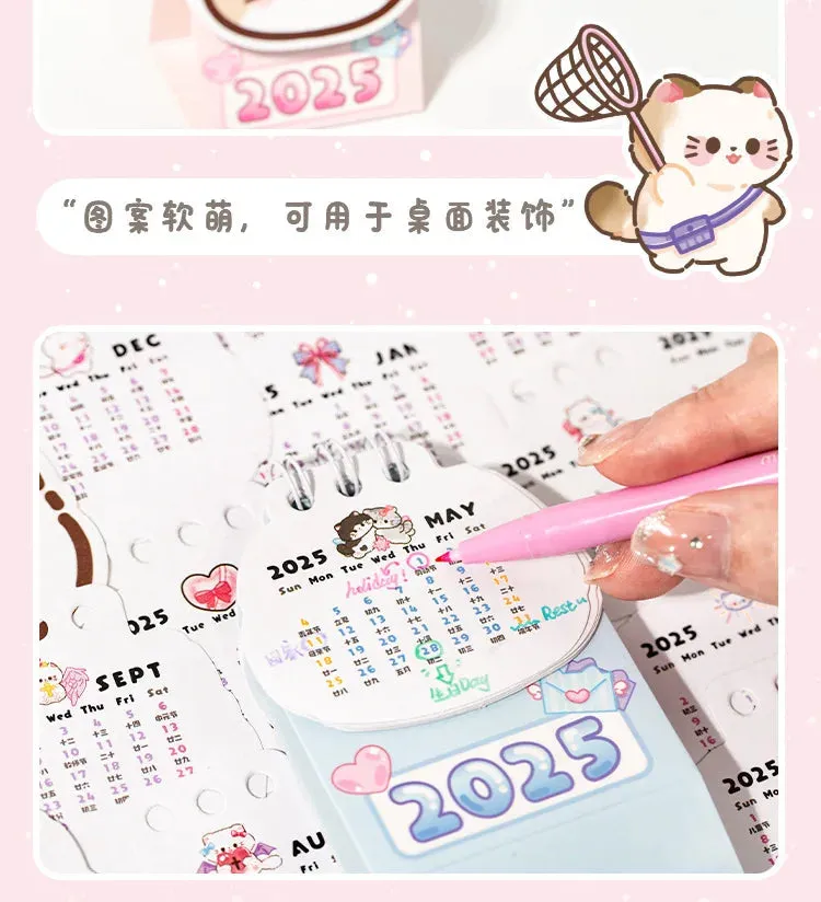 2025 Kawaii Cartoon Cat Mini Pocket Desk Calendar