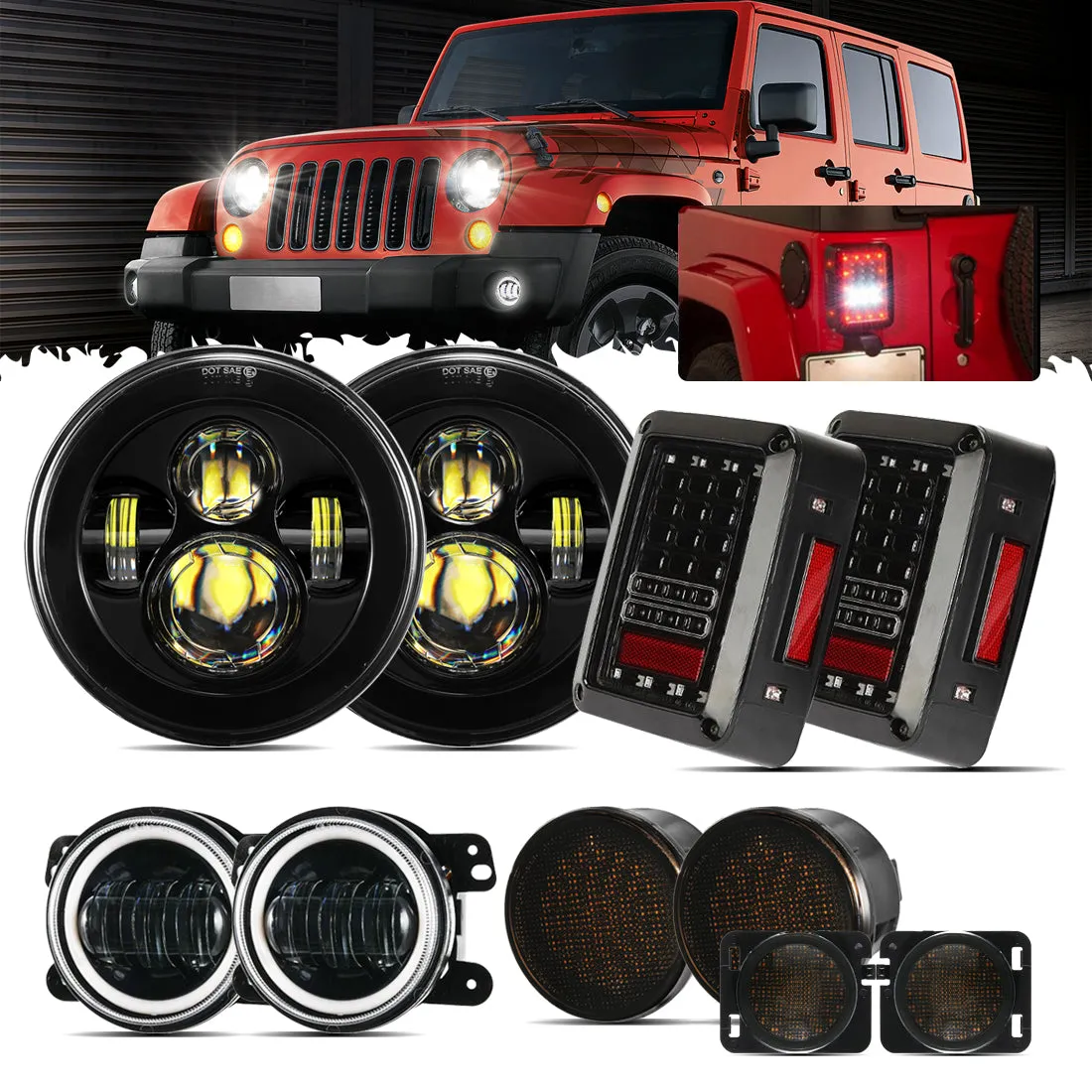 7'' LED Headlight Replacement   4'' LED Fog Light   LED Smoke Tail Light   Front Turn Signal & Fender Flares Side Marker Light for Jeep Wrangler JK