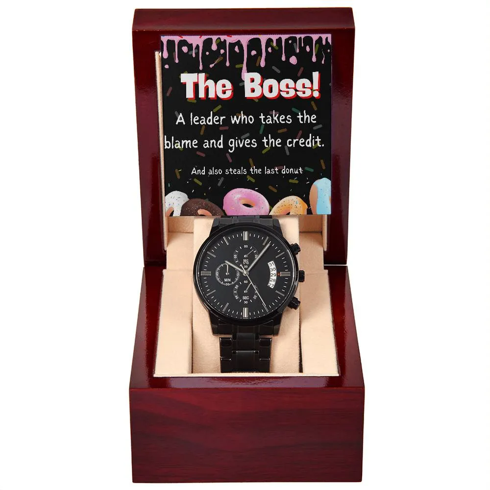 Black Chronograph Watch - Funny Gift for Boss Appreciation Day | Three Dial | Water Resistant | Scratch Proof | Gift Box | Message Card