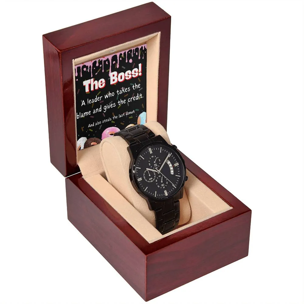 Black Chronograph Watch - Funny Gift for Boss Appreciation Day | Three Dial | Water Resistant | Scratch Proof | Gift Box | Message Card