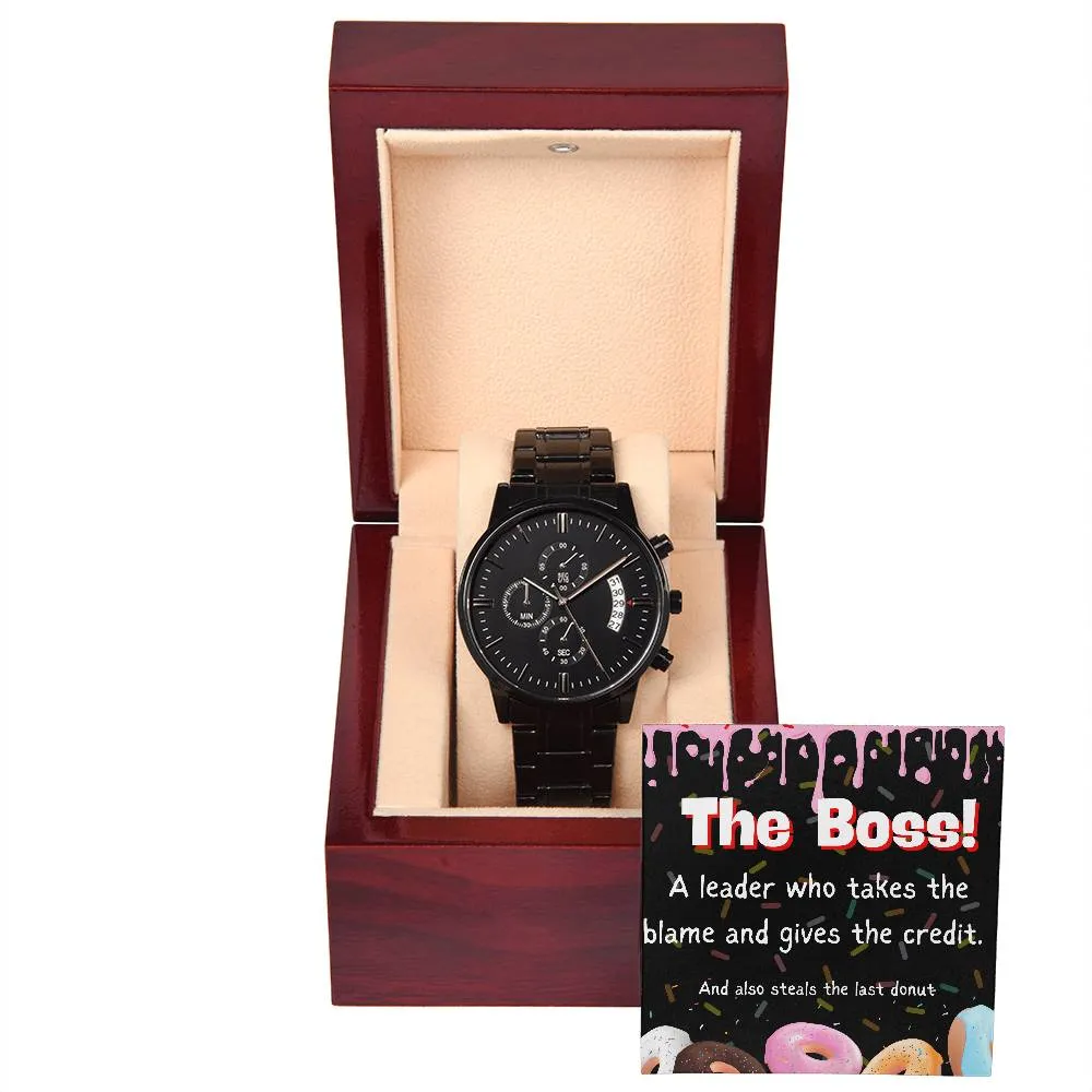 Black Chronograph Watch - Funny Gift for Boss Appreciation Day | Three Dial | Water Resistant | Scratch Proof | Gift Box | Message Card