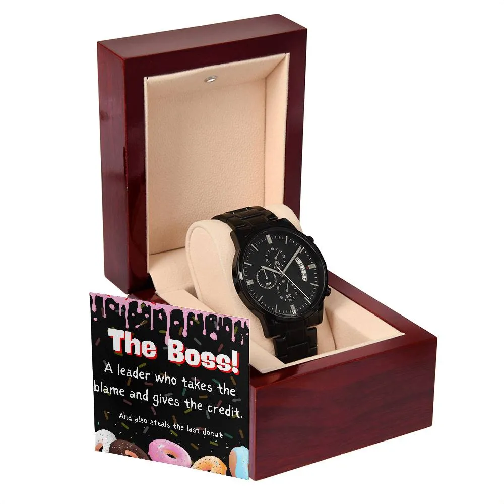 Black Chronograph Watch - Funny Gift for Boss Appreciation Day | Three Dial | Water Resistant | Scratch Proof | Gift Box | Message Card