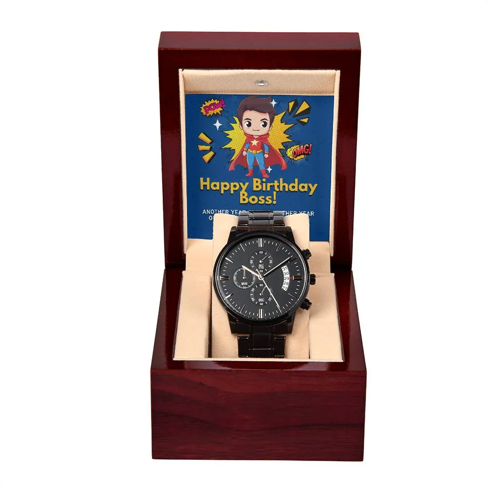 Black Chronograph Watch - The Perfect Birthday Gift for Boss | Three Dial | Water Resistant | Scratch Proof | Gift Box | Message Card | Superhero Boss