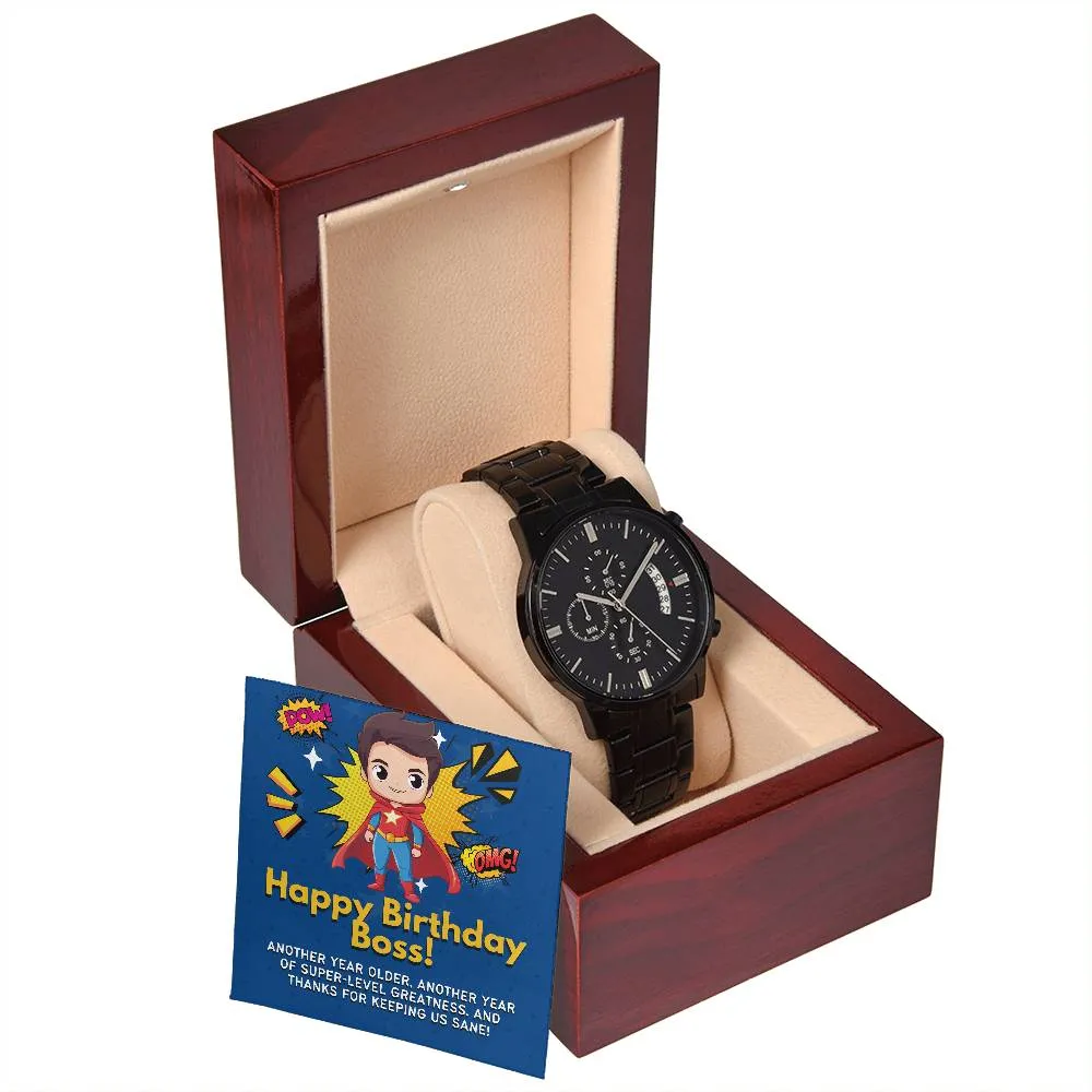 Black Chronograph Watch - The Perfect Birthday Gift for Boss | Three Dial | Water Resistant | Scratch Proof | Gift Box | Message Card | Superhero Boss