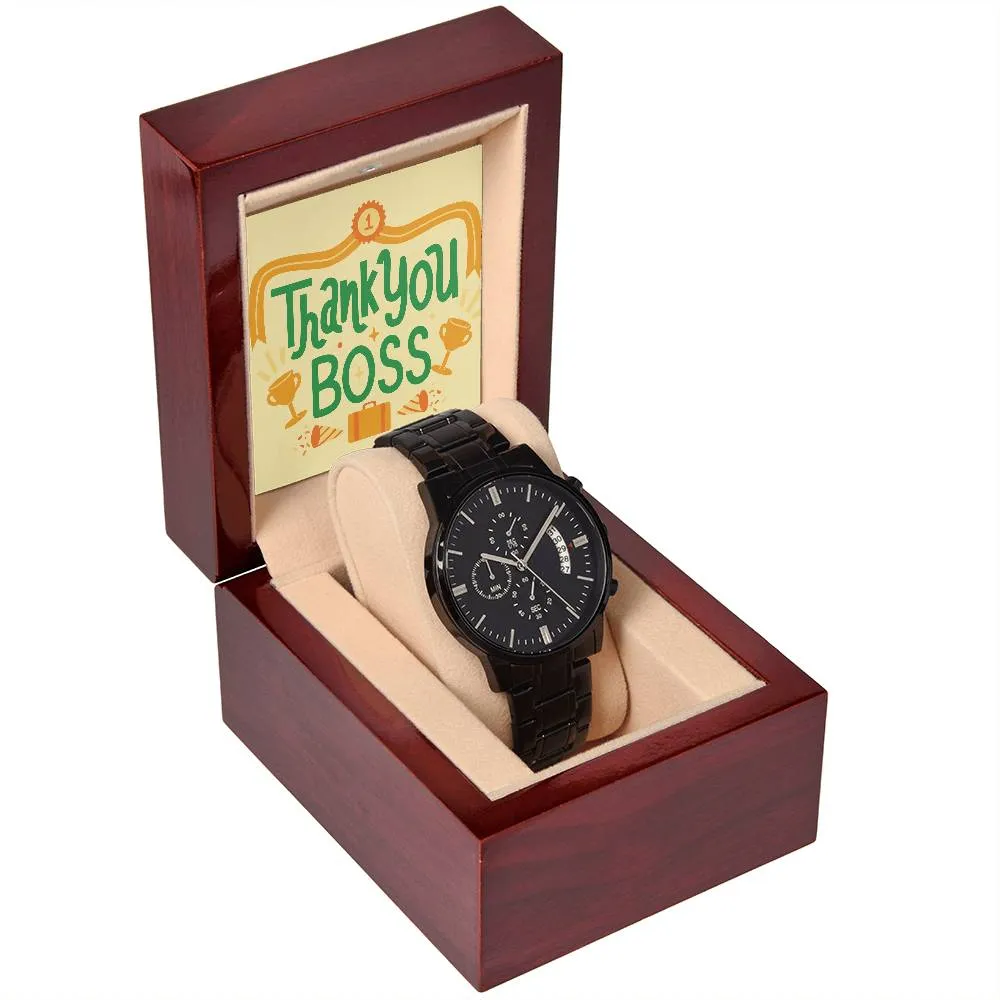 Black Chronograph Watch - The Perfect Gratitude Gift for Boss Appreciation Day | Three Dial | Water Resistant | Scratch Proof | Gift Box | Thank You Message Card