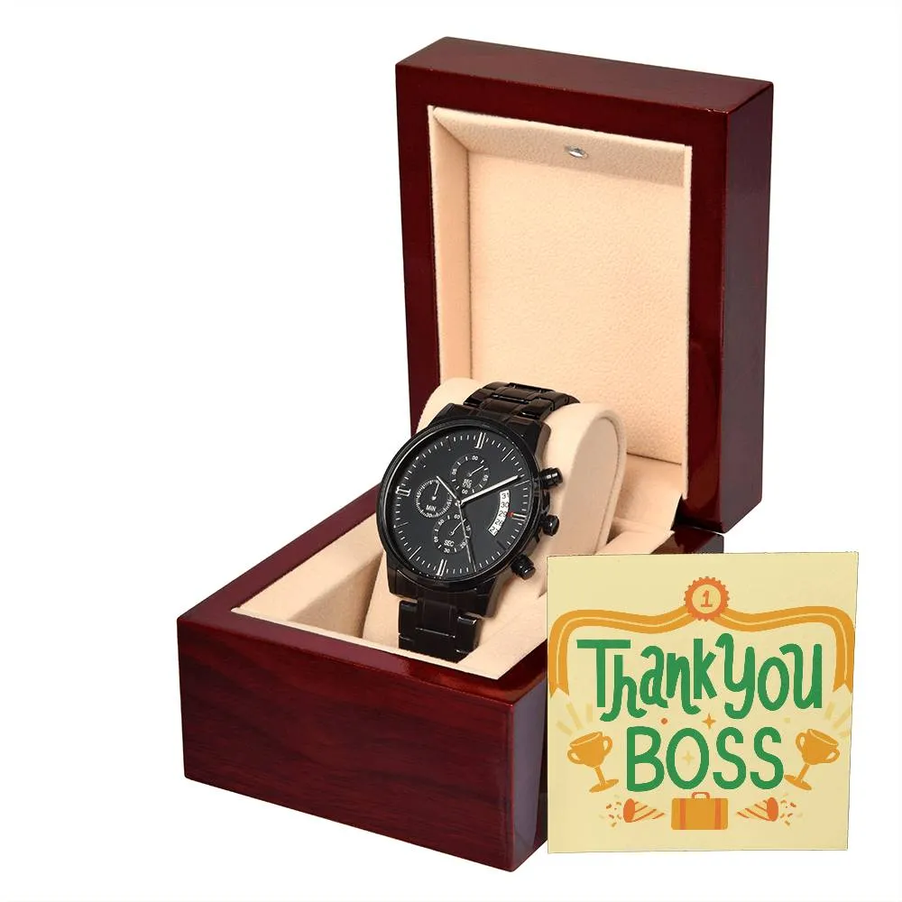 Black Chronograph Watch - The Perfect Gratitude Gift for Boss Appreciation Day | Three Dial | Water Resistant | Scratch Proof | Gift Box | Thank You Message Card