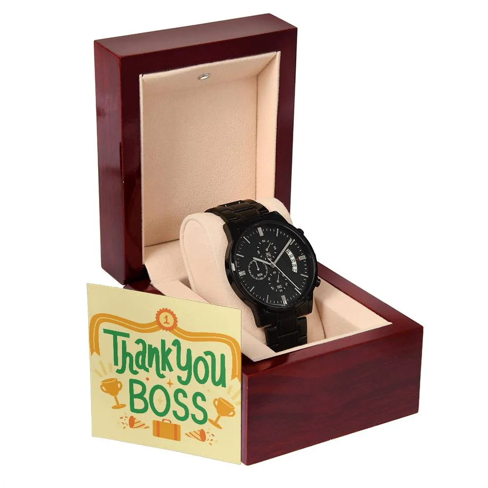 Black Chronograph Watch - The Perfect Gratitude Gift for Boss Appreciation Day | Three Dial | Water Resistant | Scratch Proof | Gift Box | Thank You Message Card