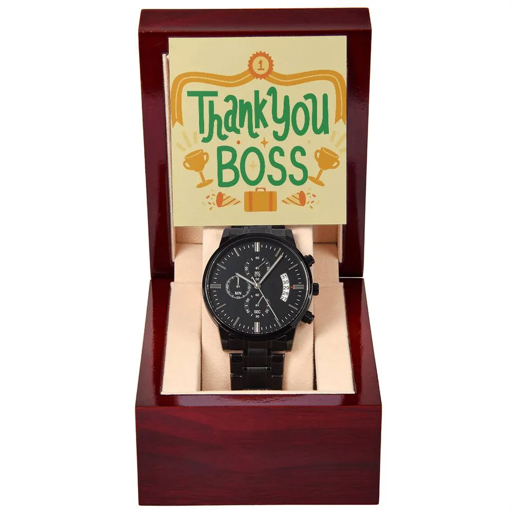 Black Chronograph Watch - The Perfect Gratitude Gift for Boss Appreciation Day | Three Dial | Water Resistant | Scratch Proof | Gift Box | Thank You Message Card