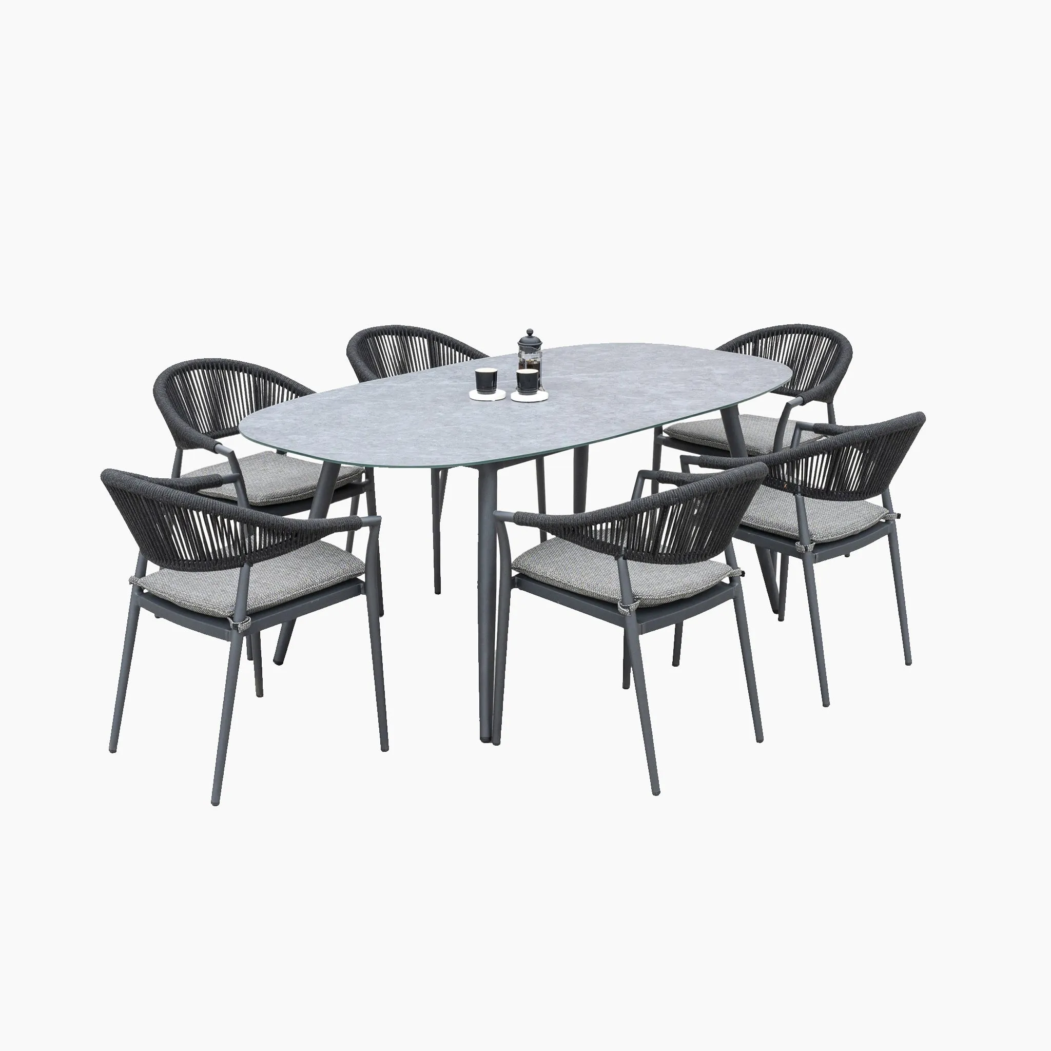 Cloverly 6 Seat Rope Oval Dining Set with Ceramic Table in Charcoal