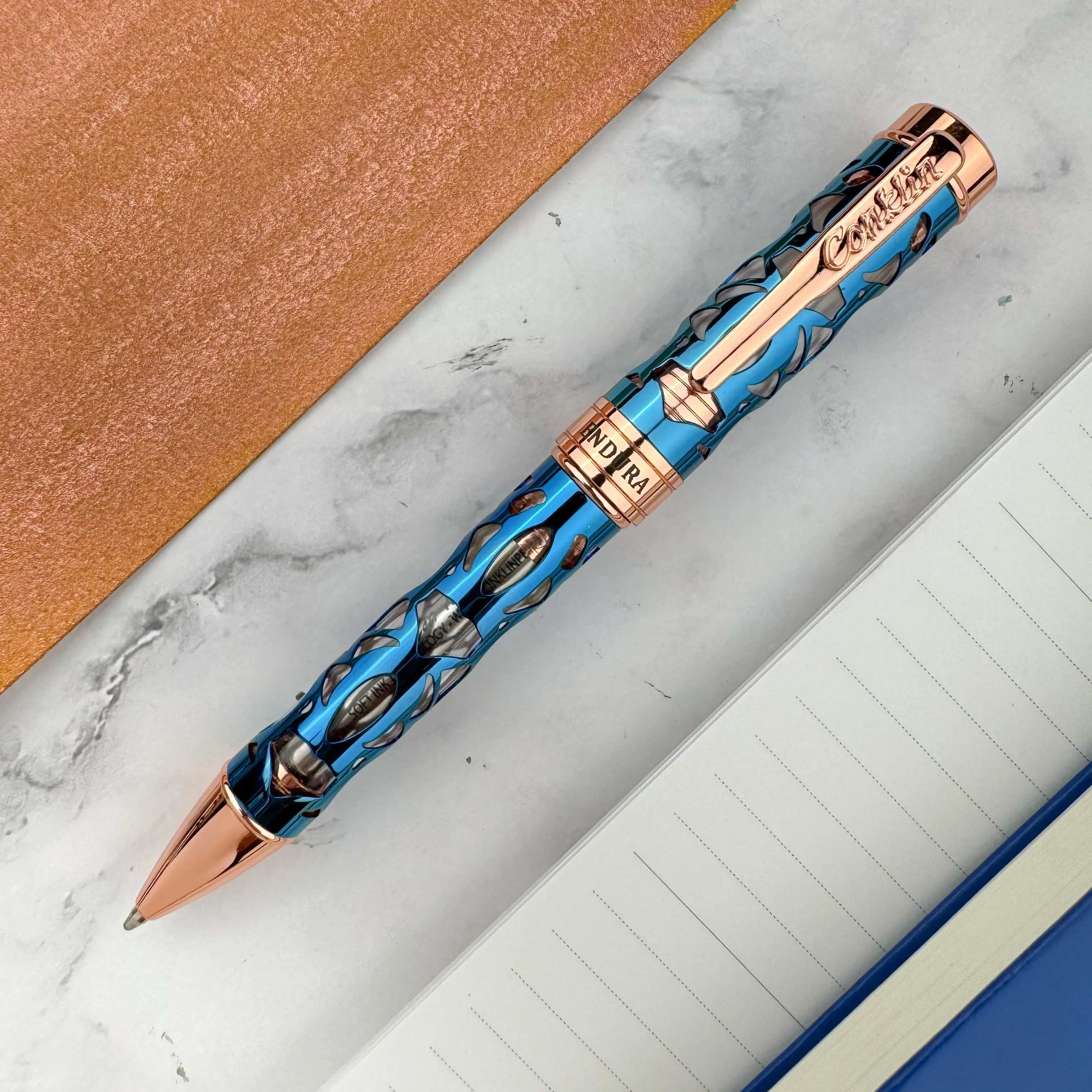 Conklin Endura Deco Crest Ballpoint Pen - Demo Blue w/ Rosegold