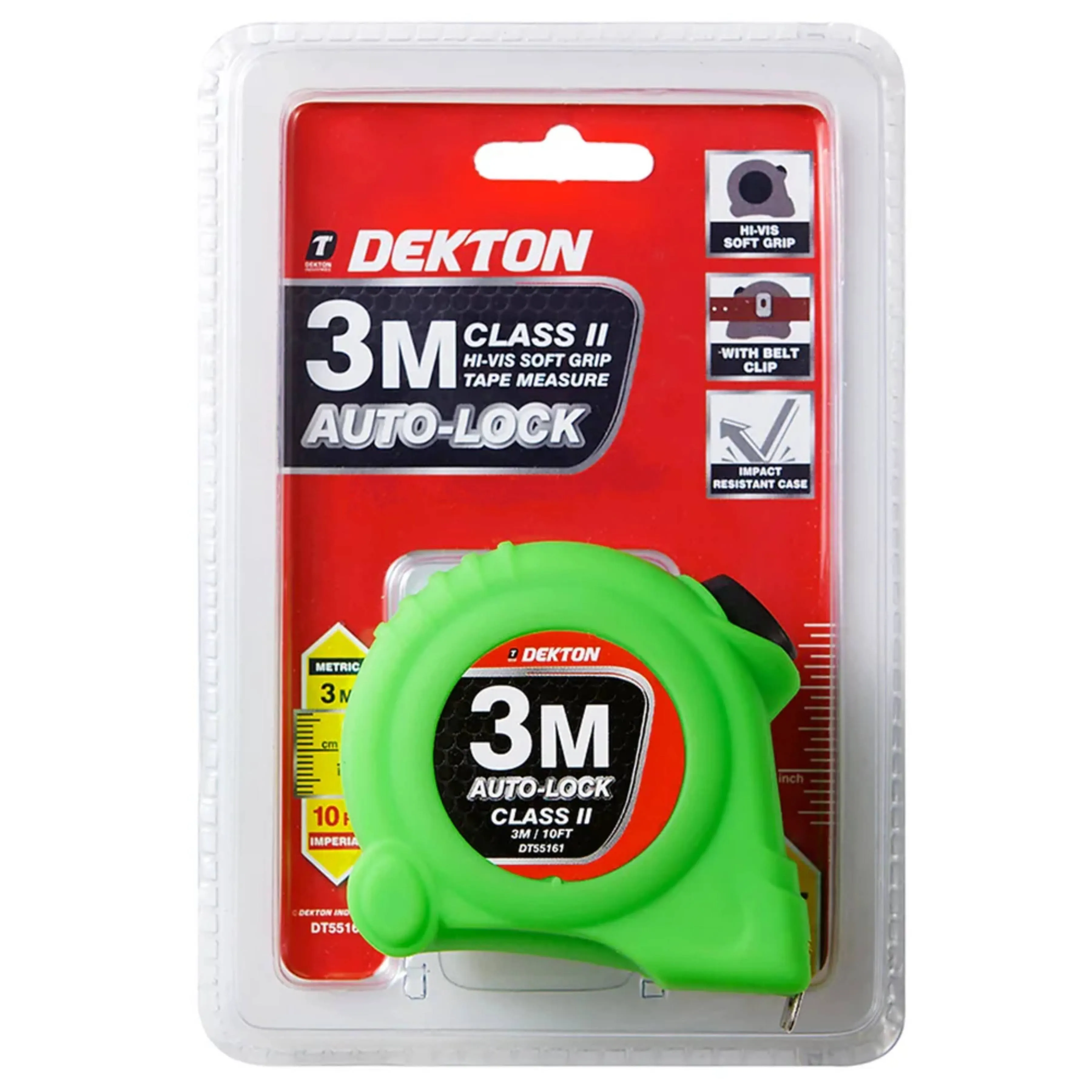 DEKTON HI VIS Green Soft Grip Auto-Lock Tape Measure 3m x 16mm