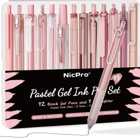 Nicpro 13PCS Pastel Gel Ink Pen Set with Case, Cute Retractable 0.5mm Fine Point 12PCS Black Ink Pens with 1 Highlighter, Aesthetic Pens for School, Student Note Taking,Writing, Office Supplies (Pink)