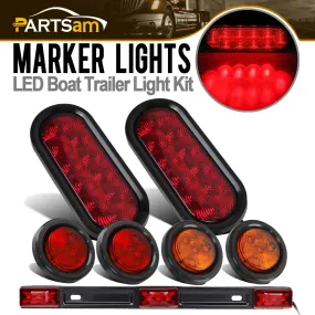 Partsam 12v LED Truck Trailer Light Kit Waterproof,2x 6inch Oval Red Stop Turn Tail Brake Lights 14.17inch Red 3 Light 9 LED Stainless Steel ID Light Bar (2xRed 2xAmber) 2inch Round 4 LED Side Marker Lamps